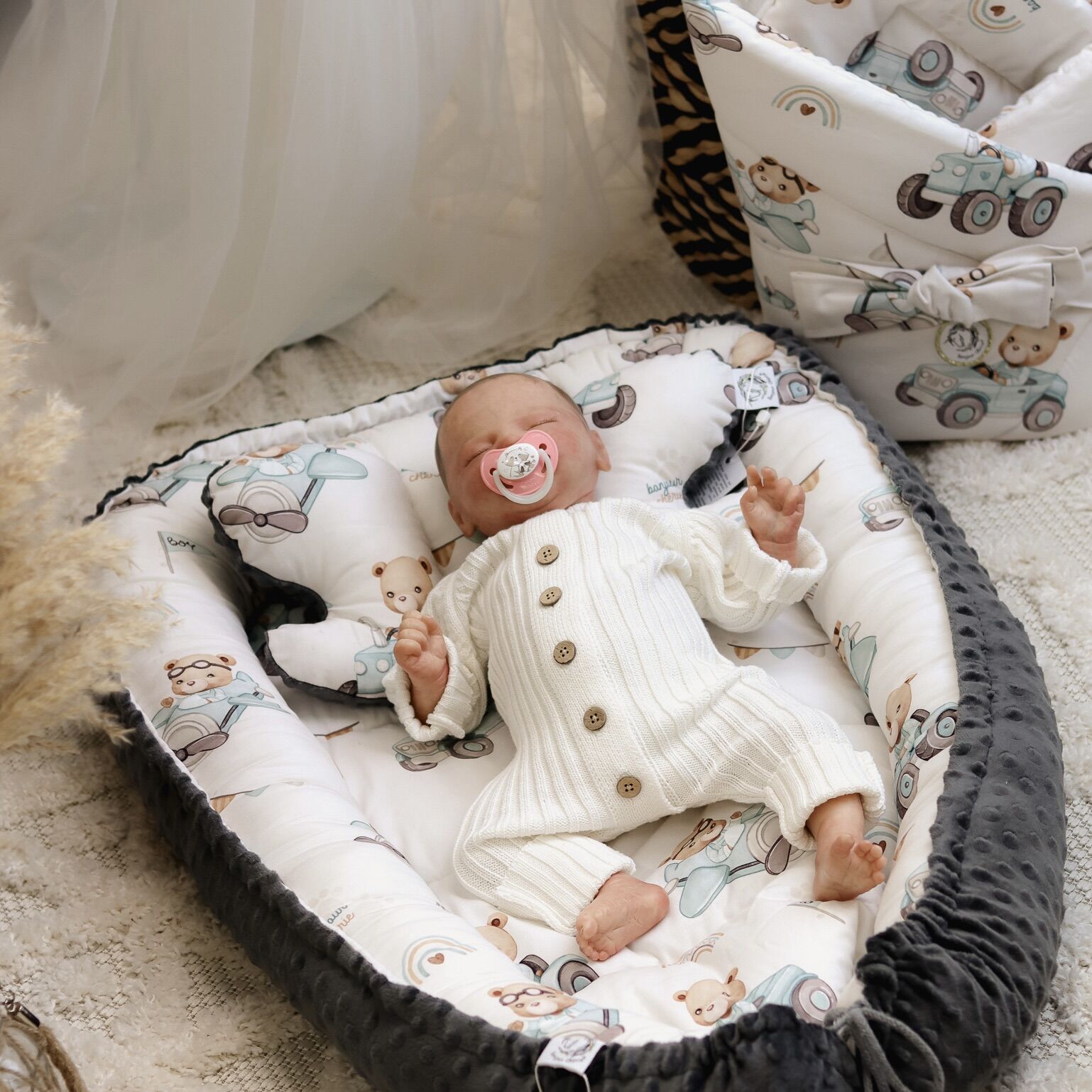 Babynest |Premium Baumwolle Minky|3er Set|Tractors & Bears Hauptbild